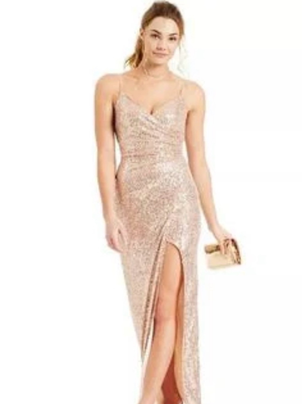 Emerald Sundae Rose Gold Sequin Split Maxi Dress
